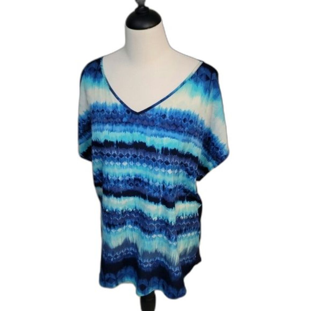 Apt. 9 Women's Blue White Short Sleeve V Neck Blouse Tunic Sz 0X Stretch Comfort